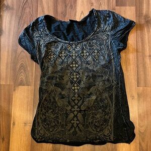 Daytrip Black Short-Sleeve Scoop Neck Tee with Studded Graphic. Two shirts!